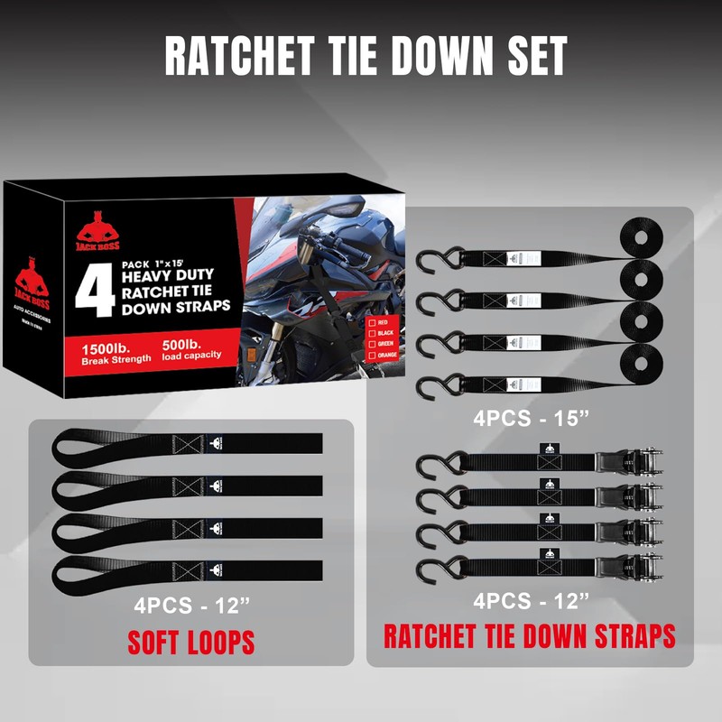 Jack Boss Ratchet Tie Down Straps Set,1500 lbs Break Strength,