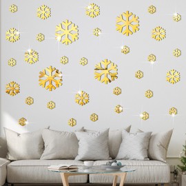 Gersoniel 30 Pieces Winter Snowflakes Stickers Acrylic 3D Mirror Wall Sticker Decal Adhesive Removable Snowflakes Wall Decor for Winter Theme DIY Supplies(Gold)