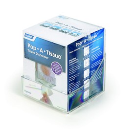Camco Pop-A-Tissue- Tisssue Box Holder- Mounts to Walls and Cabinets, Dispenses Tissue and Holds Tissue Boxes Upward or Downward- Perfect for RVs and Trailers, Easy Install - Clear (57101)