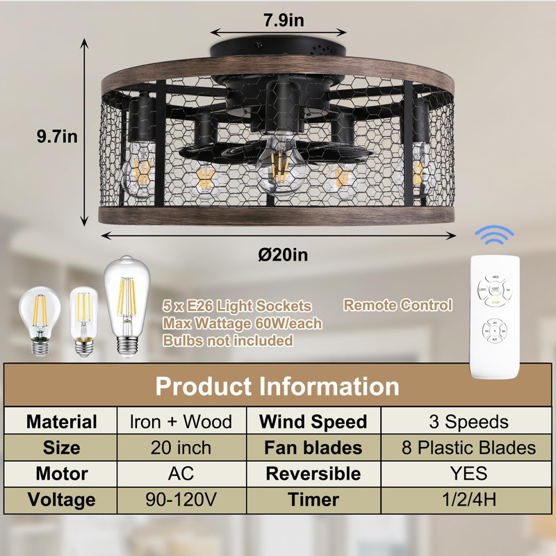 Ohniyou 20'' Flush Mount Caged Ceiling Fan with Lights Remote