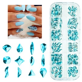 120Pcs Aquamarine Nail Rhinestones Lake Blue 12 Shapes Big Gems Flatback Rhinestones Glass Water Blue Stones Nail Art Diamonds Crystals Jewels Nail Charms for Arylic Nails Face Eyes Makeup DIY Crafts