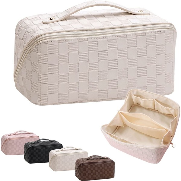 Checked Make Up Bag Large Capacity Travel Cosmetic Bag Women's Portable Women PU Leather Makeup Bags Large Toiletry Bag Organiser Makeup Bag with Handle and Compartments, White, Checked make-up
