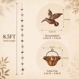 Humming Bird Rain Chain for Gutters, 8.5ft Hummingbird & Lotus Copper