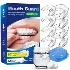 Mouth Guard for Grinding Teeth at Night, Night Guards for Bruxism, Mouthguards for Grinding of Teeth Nighttime, Dental Bite Guard for Adults of Clenching Teeth, 8 Pack with 12 Cleaning Tablets