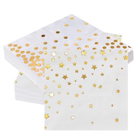 White and Gold Napkins 40 Pcs, Serviettes with Gold Dot and Gold Star | Napkins Disposable 33 * 33cm | Birthday Party Napkins Cocktail Napkins for Weddings, Baby Shower Parties or Daily Use