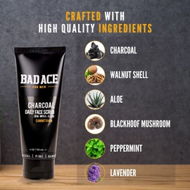 BAD ACE Daily Men's Face Wash with Scrubs | Korean Skin Care, Men's Charcoal Facial Care | Face Cleanser for Men | Exfoliating Face Scrub for Normal to Oily Skin | Summit Rain (4 oz)