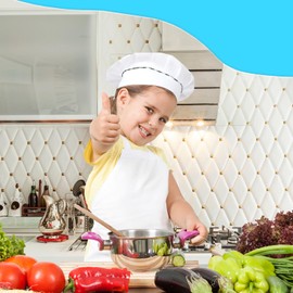 TOPWAYS Kids Apron and Chef Hat Set White, Adjustable Children Chef Apron Outfit Costume, Kitchen Apron for Baking Cooking, Toddle Artist Painting Apron with Two Pockets for Kids 3 4 5 6 years M