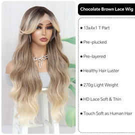 Svolna Blonde Ombre Lace Front Wig with Bangs Long Wavy Lace Wigs for Women Natural Synthetic Middle Part Dark Roots Layered Wavy Wigs Fringe 26 Inch (Blonde Ombre)