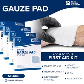 Smart Medical Solutions Sterile Gauze Pads - 100 Pack | Individually Wrapped for Wound Care | Absorbent First Aid Dressing Pads (4"x4")