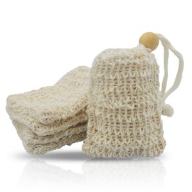 Bleu Bath (5 Pack) Mini Size Natural Exfoliating Loofah Pouch Sisal Ramie Soap Saver Bag Soap Lather Scrubber with Drawstring and Wooden Bead Holder