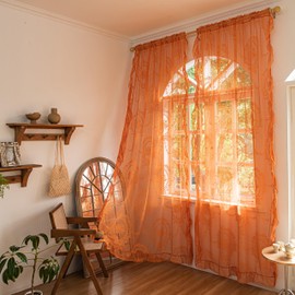 Lavyhuno Burnt Orange Lace Curtains 84 Inches Long for Bedroom Living Room, Boho Sheer Pair Ruffled Rustic Farmhouse Vintage Florals Embroiderd Rod Pocket Window Treatments 2 Panels, W57 x L84