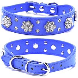 Bbmmayy Rhinestone Dog Collar, Cute Flower Rhinestone Cat Dog Collar Bling Collar PU Leather Collar Adjustable Sizes Small Medium Large (XS, Dark Blue)