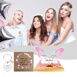 Meaningful Sister Gift Set - Heartfelt Sister Birthday Gifts, Love You to the Moon & Back - Acrylic Display and Pink Zebra Jasper Piece Pink