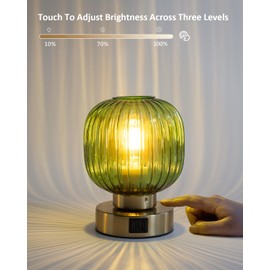 Touch Control Small Table Lamp Set of 2, Elegant Green Glass Bedside Lamp 3 Way Dimmable with USB C+A Charging Ports - Bedroom Nightstand & Living Room Essential, 4W Bulb Included