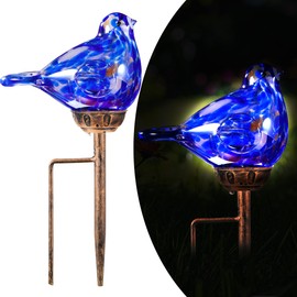 Solar Bird Garden Stake Lights - Hand Blown Glass Decorative Garden Pathway Lights Outdoor Waterproof Bird Glass Stakes (Dark Blue)