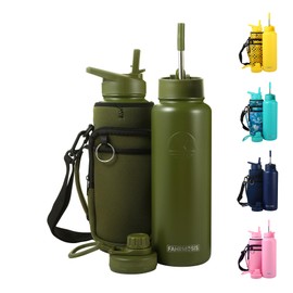 FAHRMOSIS 40 OZ Water Bottle Insulated with Strap Stainless Steel Sports Water Bottle with 3 Lids (Straw, Chug and Flip Lid) Metal Water Jug for Men & Women - Army Green