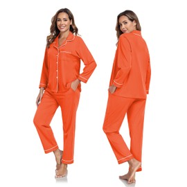 COLORFULLEAF Women's Pyjamas 100% Cotton with Button Placket Long Sleeve Pyjamas Set Two Piece Sleepwear Leisure Suit, coral orange long sleeve