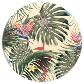 Vintage Tropical Palm Floral Plant Vinyl Round 60In Table Cover Waterproof Vinyl Tablecloth with Flannel Backing, Round Tablecloth