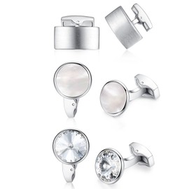 3 pairs Honey Bear Round Crystal Cufflinks Set - Rectangle Stainless Steel For Men's Shirt Wedding Business Gift, Silver (without box)