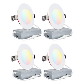 TORCHSTAR 5CCT 2 Hour Fire Rated Ultra-Thin LED Recessed Lighting with J Box, UL263, 4 Inch Dimmable Slim Recessed Canless LED Downlight, IC Rated, 2700K3000K3500K4000K5000K, ETL & ES & T24, Pack of 4