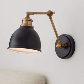 Barnes and Ivy Sania Modern Industrial Swing Arm Wall Mount Lamp Black Adjustable Antique Brass Metal Hardwire Light Fixture for Bedroom Bedside House Reading Living Room Home Hallway Dining