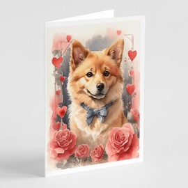 Caroline's Treasures DAC4436GCA7P Finnish Spitz Valentine Roses Greeting Cards Pack of 8 Blank Cards with Envelopes Whimsical A7 Size 5x7 Blank Note Cards