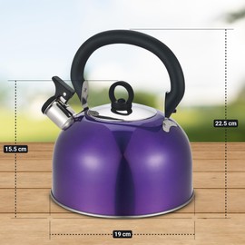 Buckingham Stainless Steel Whistling Kettle Metallic Purple with Cool Touch Handle Suitable for Camping Hiking Indoor & Outdoor Use 2.5 Litres