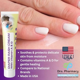Diaper Rash Cream with A & D, Baby Skin Protectant, Soothes & Prevents Rash, Cream, Petrolatum & Lanolin, Vitamins A & D, 1.75 oz, Made in USA