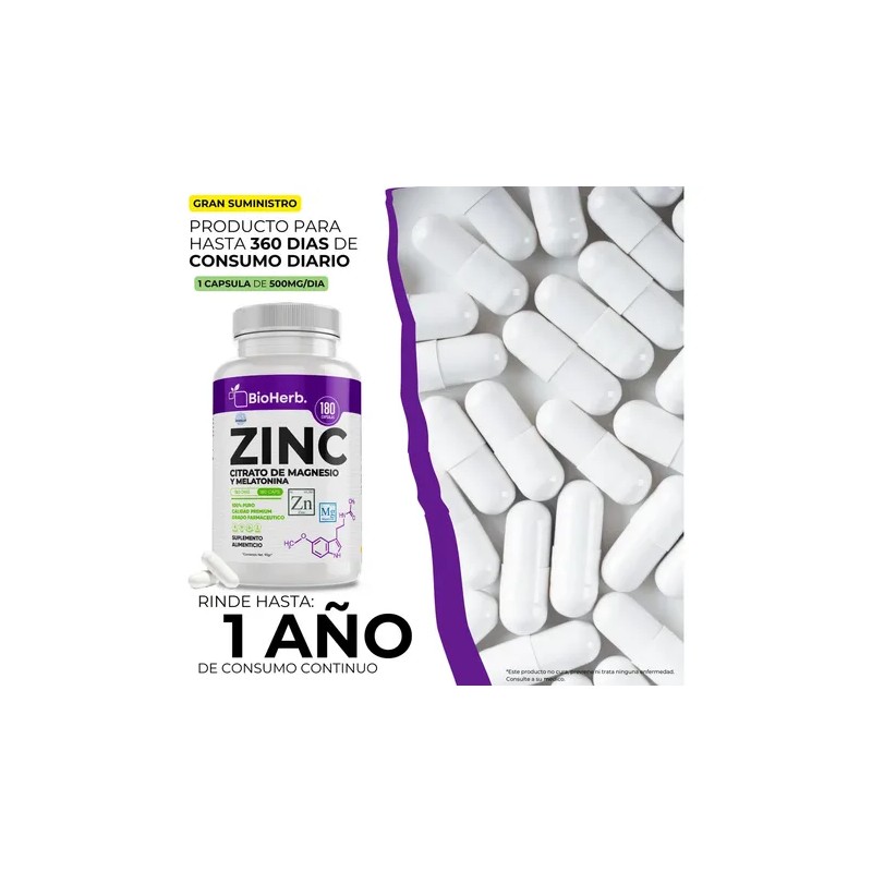 Bioherb Zinc Magnesio Melatonina 360 Capsulas 500mg Bienestar Relajación Natural