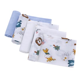 LAT Muslin Cloths for Baby, 4 Pack 70 * 80cm Baby Muslin Squares Burp Cloths for Newborns, 100% Cotton Soft and Breathable Washcloths Muslin Swaddle Blanket for Newborns (Elephant+Blue+White)