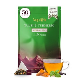 Nepaya Tulsi & Turmeric Herbal Tea Bags, Biodegradable Pyramid Teabags 50 Count, Holy Basil Blend with Cinnamon & Black Pepper, Naturally Caffeine-Free, Himalayan Blend Teabag
