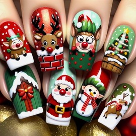 24 Pcs Christmas Press On Medium Square Fake Glossy Acrylic Nails With Winter Designs - Santa Claus, Snowflake, Elk, Xmas Tree, Full Cover Stick On Nails (Red, Green)
