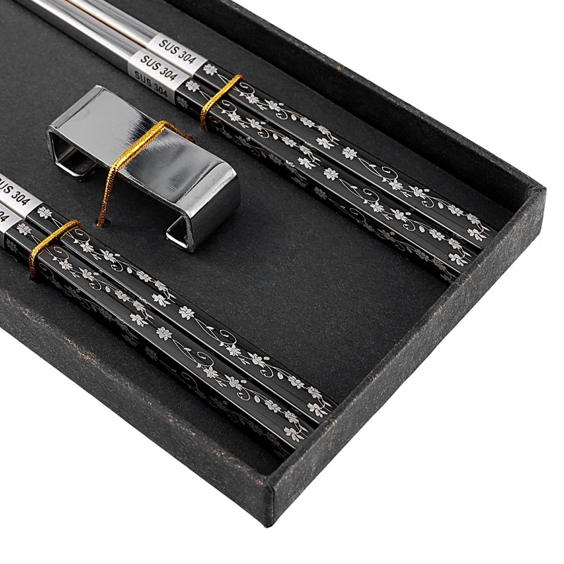 UNGFEI 2 Pairs 23cm Stainless Steel Chopsticks with Holder Stand,