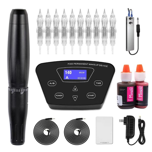 Permanent Makeup Tattoo Machine Kit-BIOAMSER P300 Permanent Makeup Kit with Foot Pedal Touch Control Power Supply Rotary Tattoo Machine Pen Practice Skin 2 Microblading Inks 10pcs Cartridge Needles