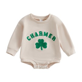Amnnchya St Patricks Day Baby Boy Girl Outfit Charmer Long Sleeve Shamrock Sweatshirt Romper Newborn Fall Clothes (Khaki, 0-3 Months)