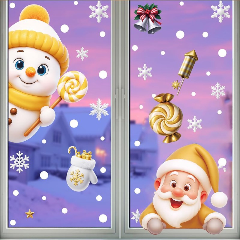 6Pcs Christmas Window Clings Gold Snowman Santa Claus Window Decorations