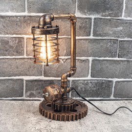 Y-Nut Loft Style Vintage Metal Dimmable Table Lamp with carbonized Wood Base, Colosseum, Steampunk Industrial, Night Light, Desk Light, QTF-GY01