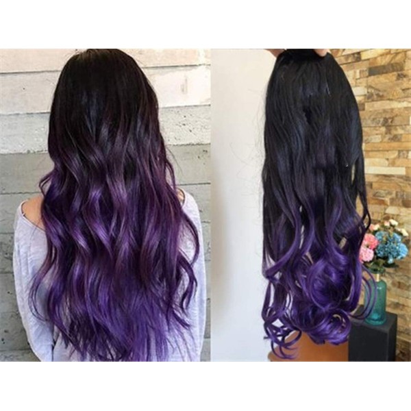 3/4 Full Head Clip in Hair Extensions Ombre One Piece 2 Tones Wavy Curly DL (Natural black to purple) …