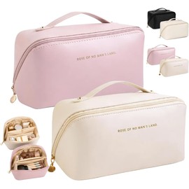 2 Piezas Bolsa de Cosméticos de Viaje, Makeup Bag de Gran Capacidad, Material de Cuero Impermeable, Multicompartimento, Bolsa de Maquillaje Multifuncional con Diseño de Asa Portátil