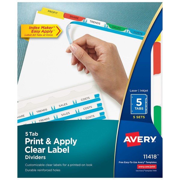 Avery 5 Tab Dividers for 3 Ring Binder, Easy Print & Apply Clear Label Strip, Index Maker Customizable Multicolor Tabs, 5 Sets (11418)