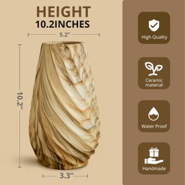 MEAKEO 10 inch Tall Ribbed Ceramic Vase for Flowers,Boho Vases for Pampas Grass,Fluted vase,Simple Modern Decorative Vase for Home Decor Table Centerpieces (Brown)