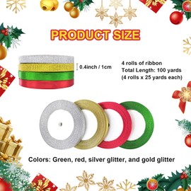 4 Rolls Christmas Ribbon Set - 100 Yards Total, 0.4 Inch Wide, Green, Red, Glitter Silver, and Glitter Gold Fabric Ribbons for Presents Gift Wrapping, Holiday Crafts Decorations, and Party Supplies
