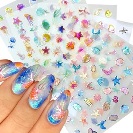12 Sheets 3D Sea Animals Nail Stickers Summer Nail Stickers Nail Foil Laser Shell Starfish Jellyfish Mermaid Nail Stickers Nails Beach Nail Stickers Summer Nail Art Stickers Nail Design Accessories