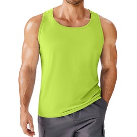PINSPARK Men's Workout Tank Tops Athletic Muscle Shirts Lightweight Stretch Sun Protection Stringers for Running Causal Lemon Green