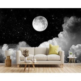 YIHWM -Gray Galaxy Universe Moon Fabric Wallpaper Ceiling Starry Night White Clouds Living Room Bedroom Bathroom Boys and Girls Children's Room Large Mural- 91"x65"（ not Peel and Stick）