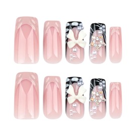 LISMYAKEY Nail Tips, Set of 24, Handmade Nails, Short, Autumn and Winter, Very Short, Popular, False Nails, Cute, Fake Nails, 3D Nails, Round Tip, Fashion, Weddings, Bride Nails (Pink Pearl Bow Neck)
