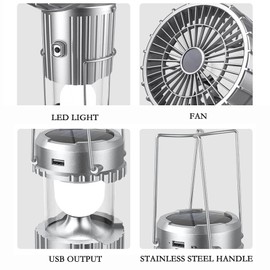 Camping Lantern with Fan, Flashlight Lantern Collapsible-USB Rechargeable, Solar & Battery Powered Camping Lampp for Picnic, Barbecue, Fishing, Travel Rechargeable Emergency Light (Silver)