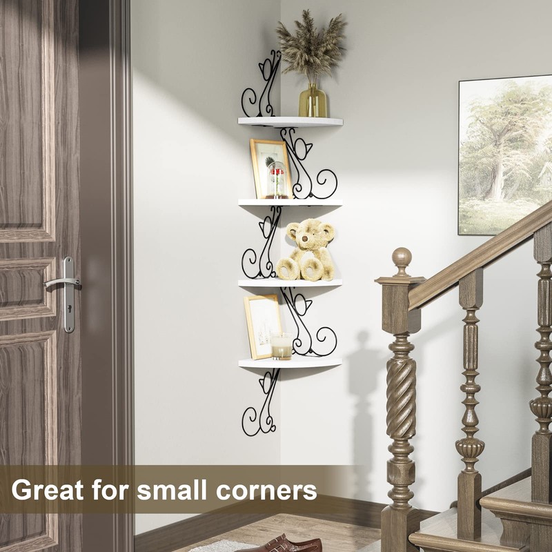 Alsonerbay Floating Corner Wood Shelves, 4 Tier Wall Mounted Rustic