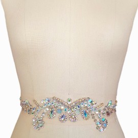 Handmade Beaded V-Neck Sequin Sew On Neckline Rhinestone Crystal Trim Bridal Applique Design Patch Sewing for Wedding Dresses DIY Belt Decoration (AB)