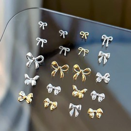 SILPECWEE 140Pcs Bow Nail Charms for Acrylic Nails, 3D Metal Bowknot Studs Jewels Nail Bows, Gold Silver Bow Knot Nail Art Charms Cute Bows Nail Decoration for Women Crafts DIY
